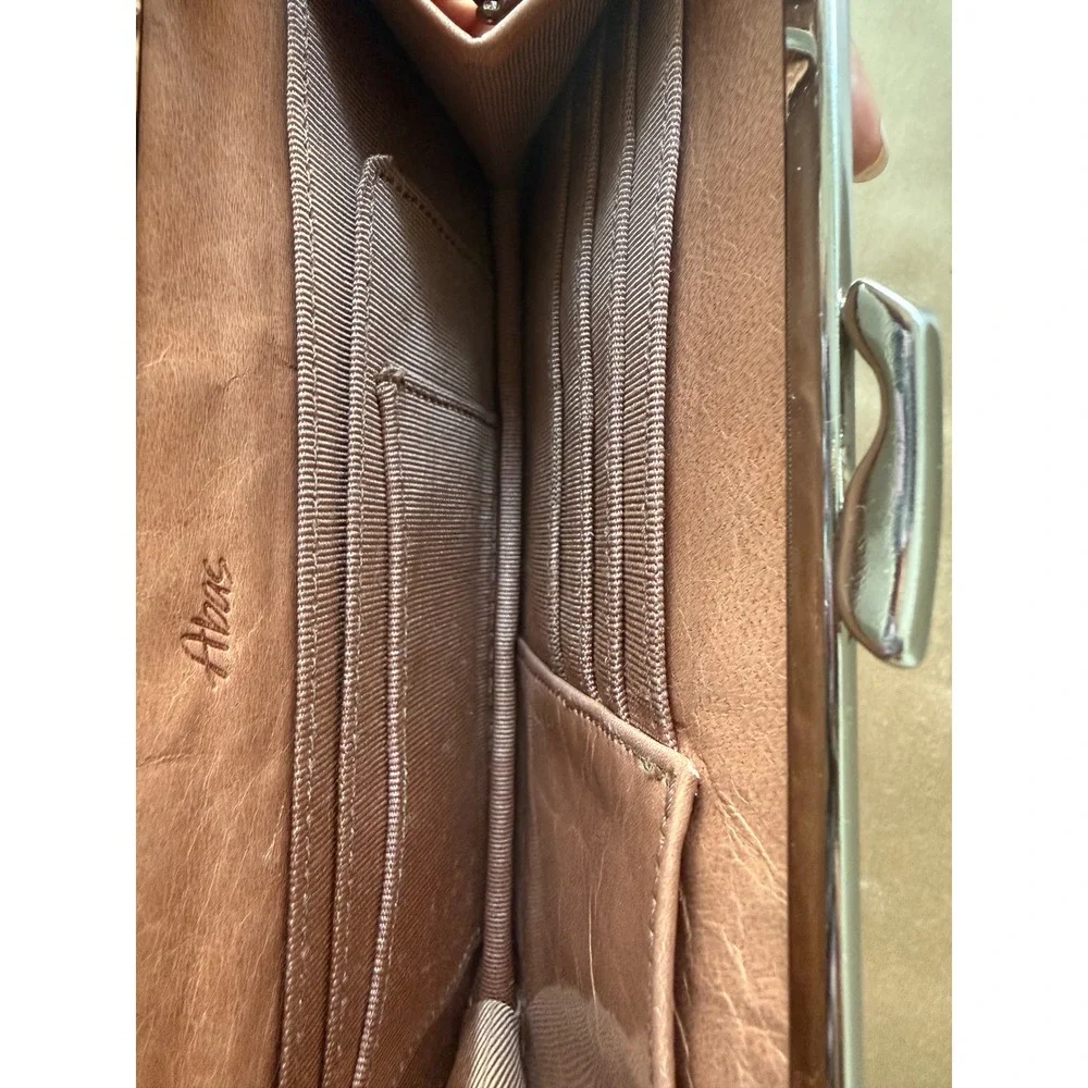 Abas Tan Leather Frame Wallet Kiss Lock Clutch Silver Hardware Tan Brown